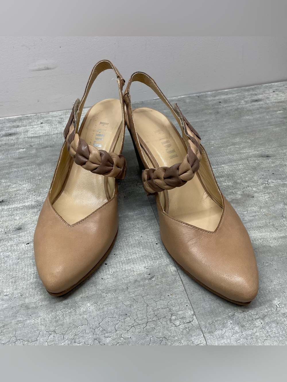 FIDJI Braided Slingback Pumps in Tan Leather